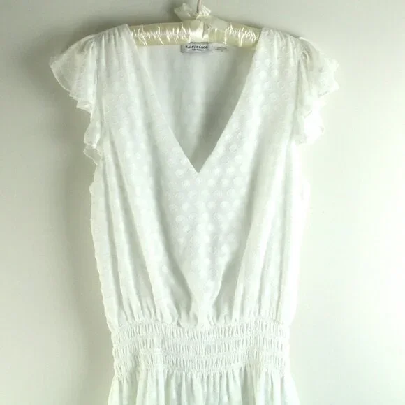 Ramy Brook Simona White Swiss Dot V-Neck Ruffle Trim Smocked Waist Mini Dress S - Picture 3 of 7